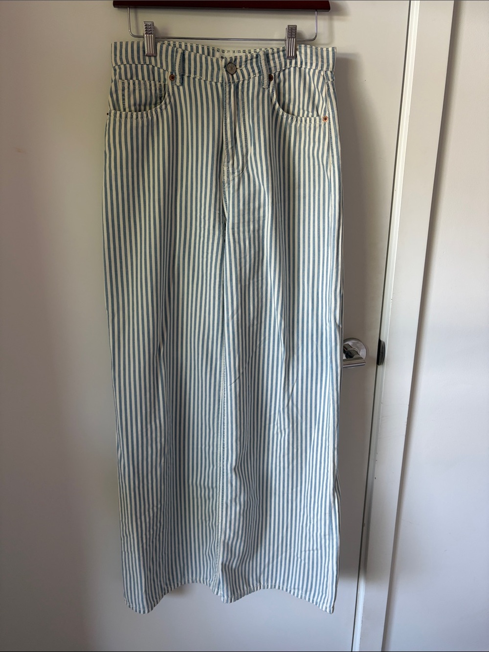 Reformation Blue and White Striped Wide-Leg Jeans